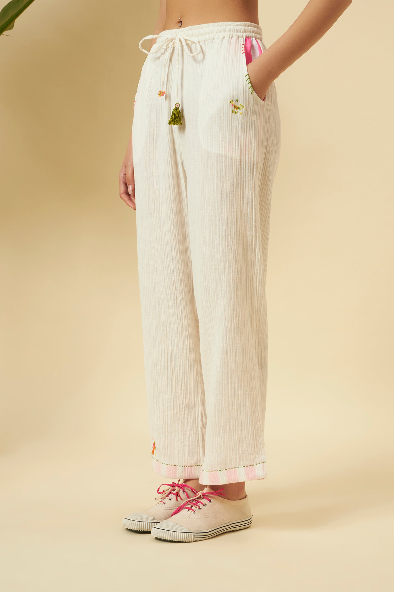 IVORY EMBROIDERED 100% COTTON PANTS