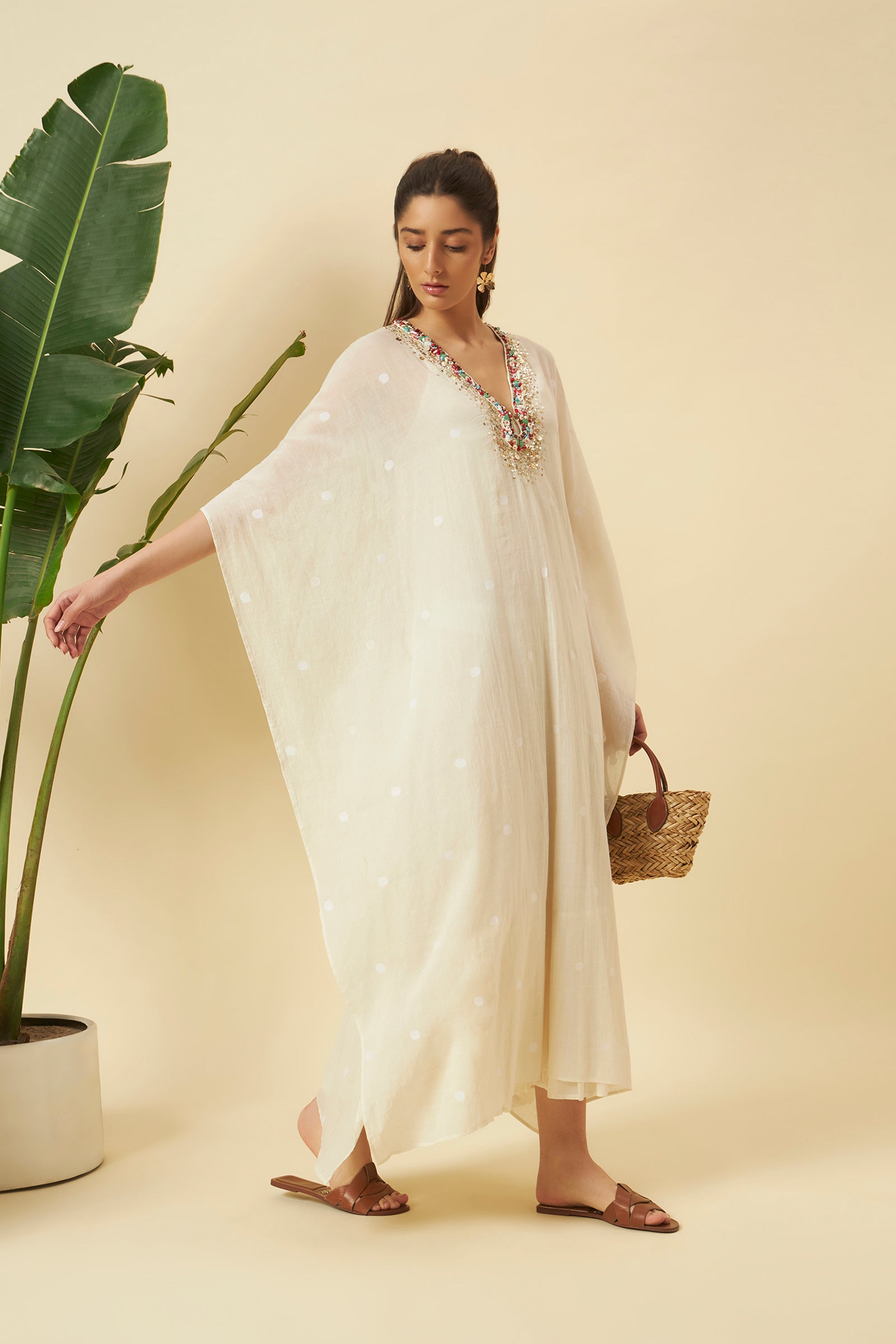 IVORY JAMDANI KAFTAN DRESS