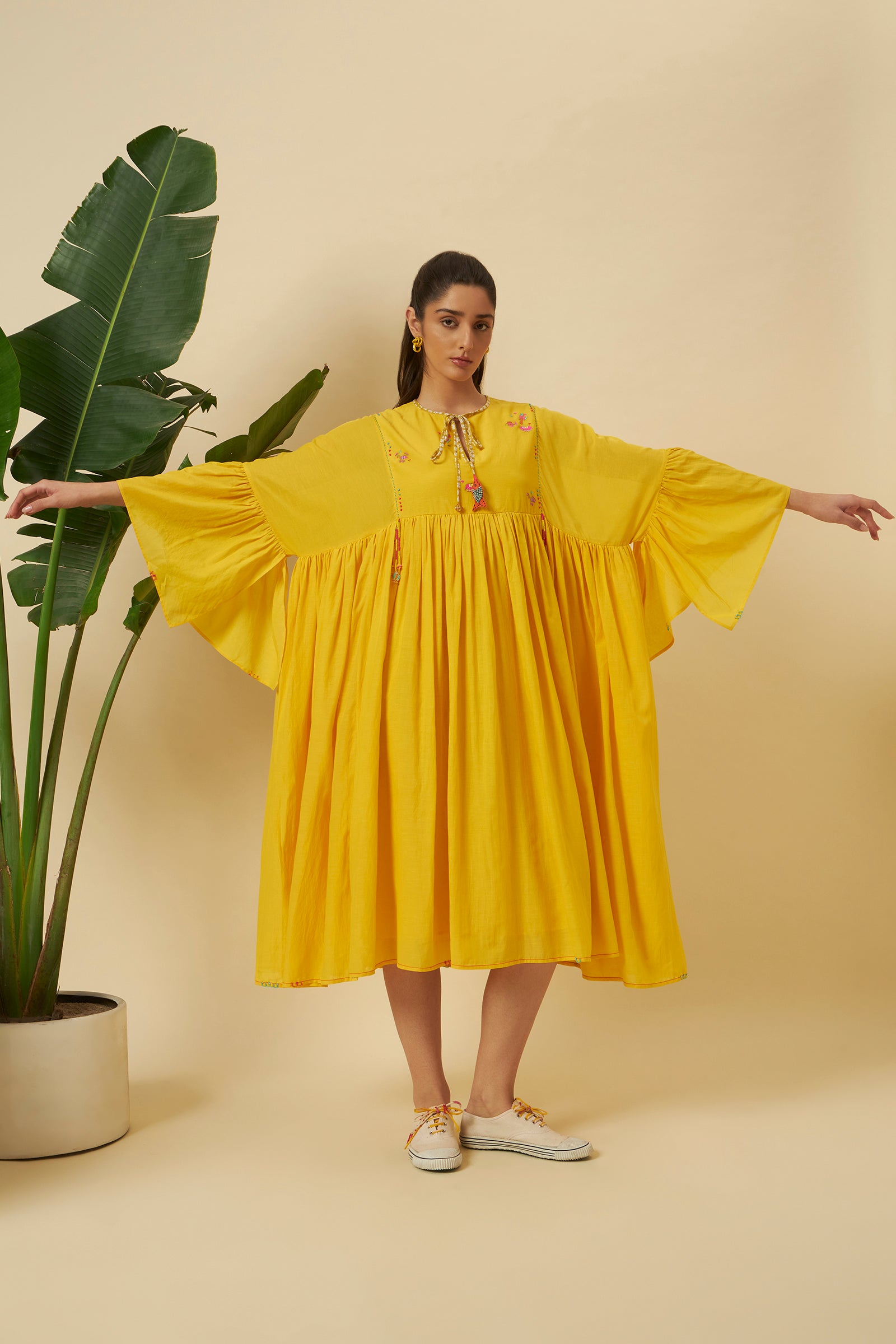 YELLOW GATHERED MIDI DRESS