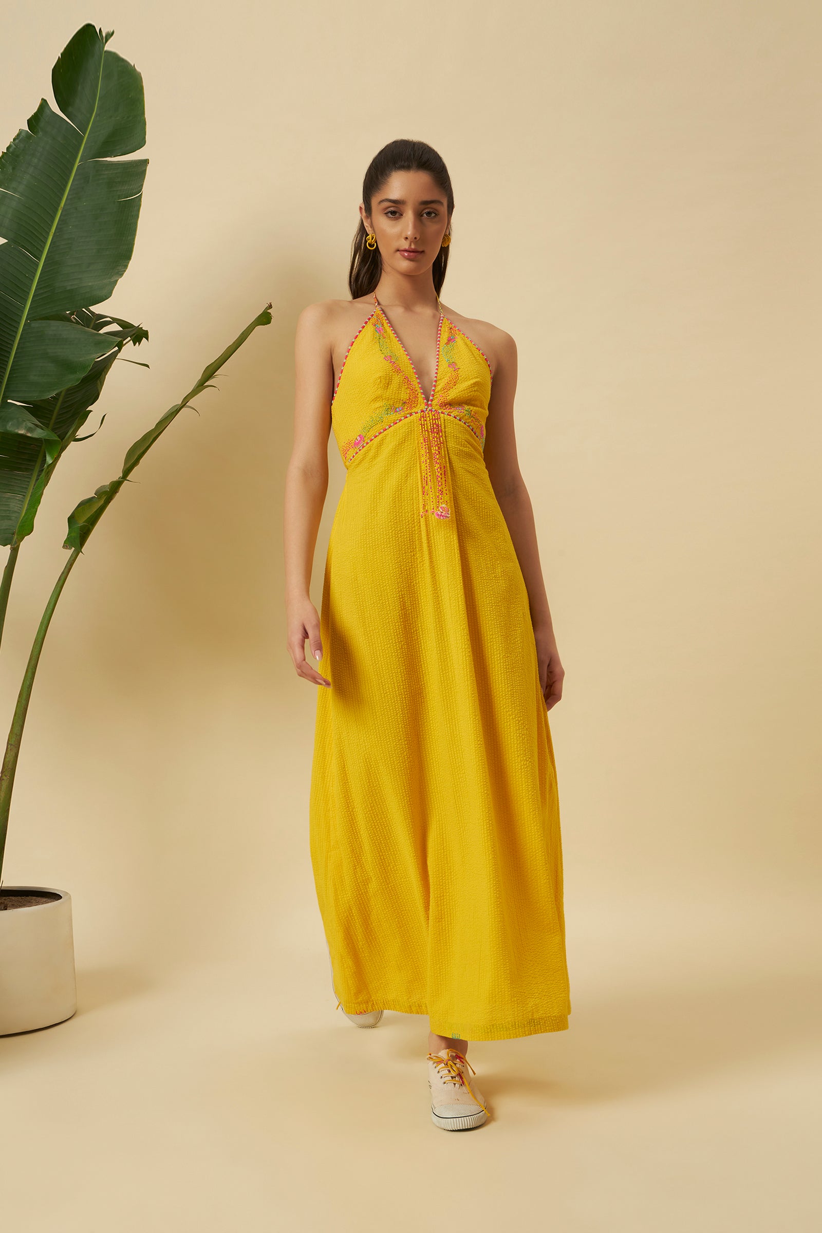 YELLOW SEERSUCKER HALTER TIE UP DRESS