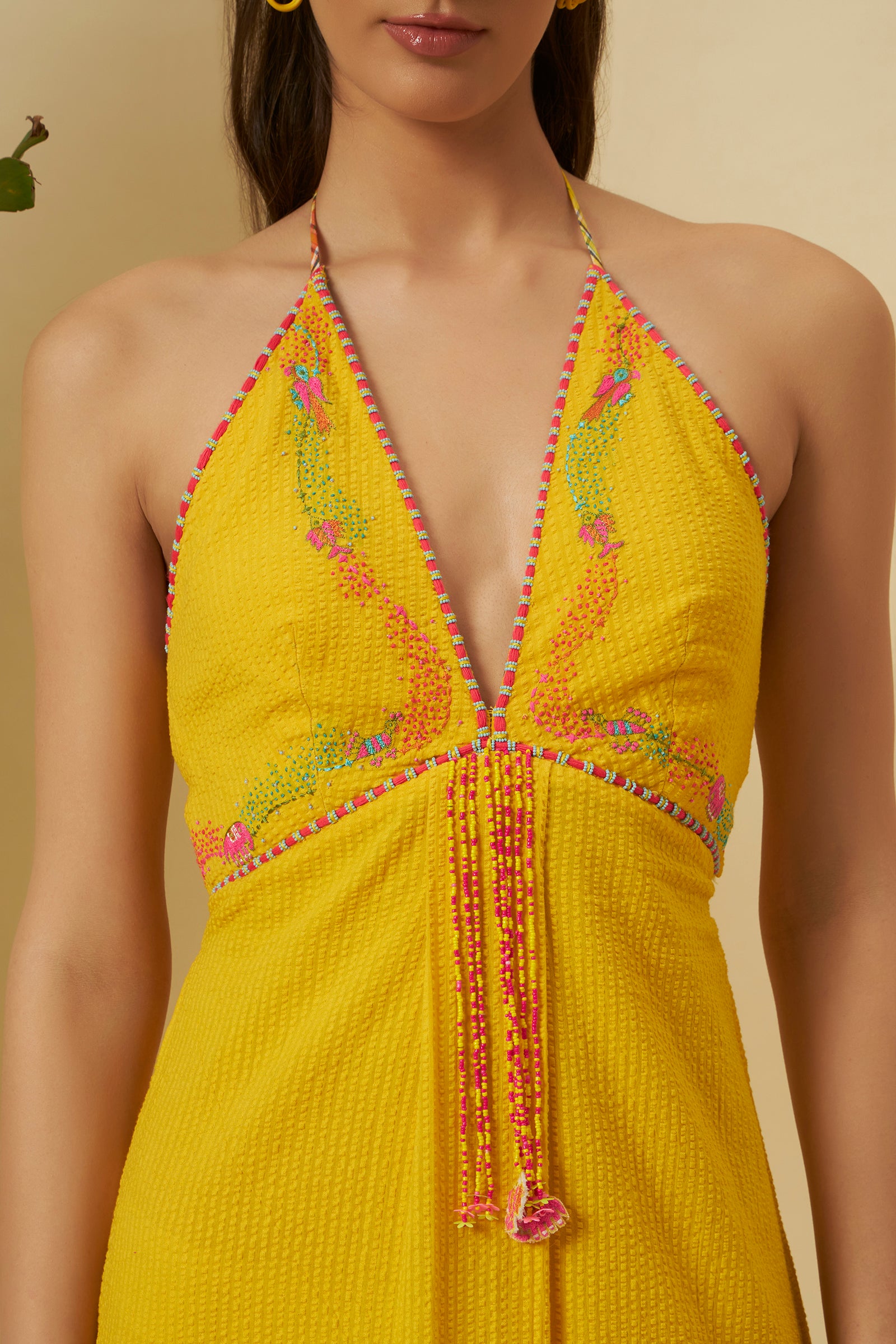 YELLOW SEERSUCKER HALTER TIE UP DRESS