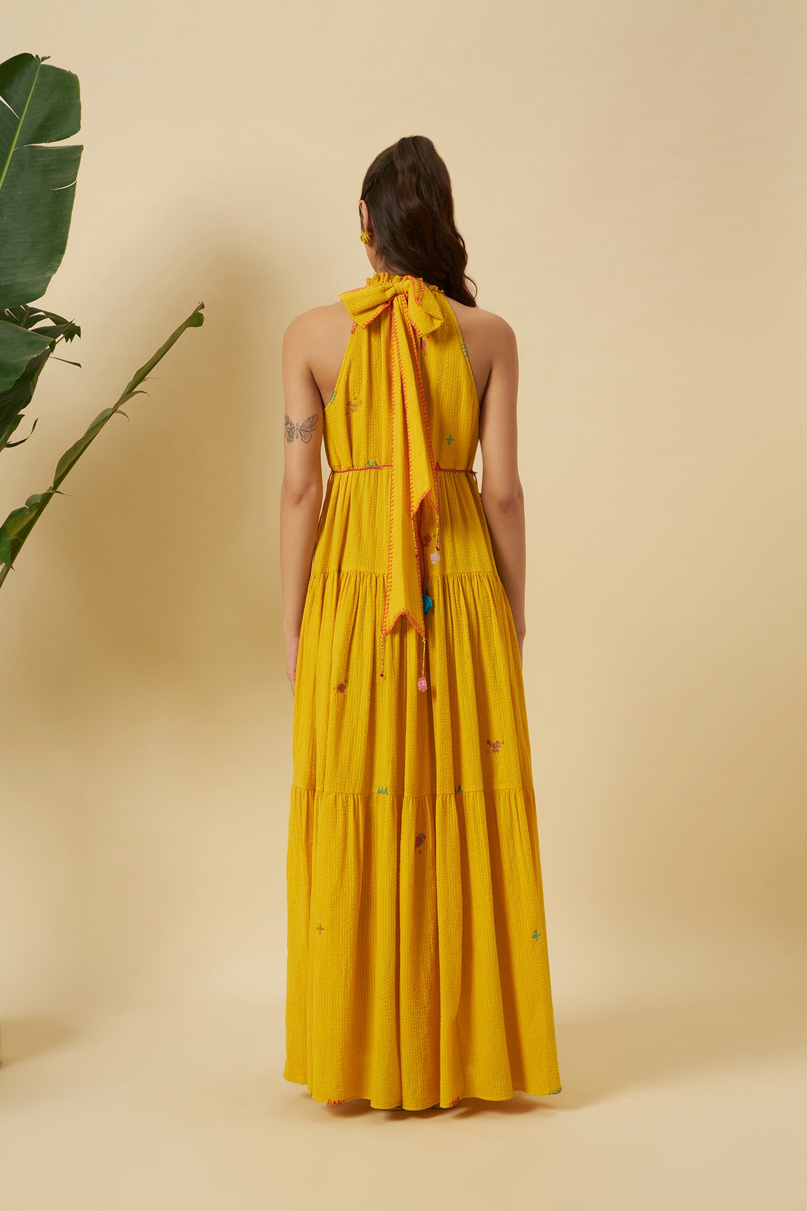 YELLOW SEERSUCKER HALTER TIE UP DRESS