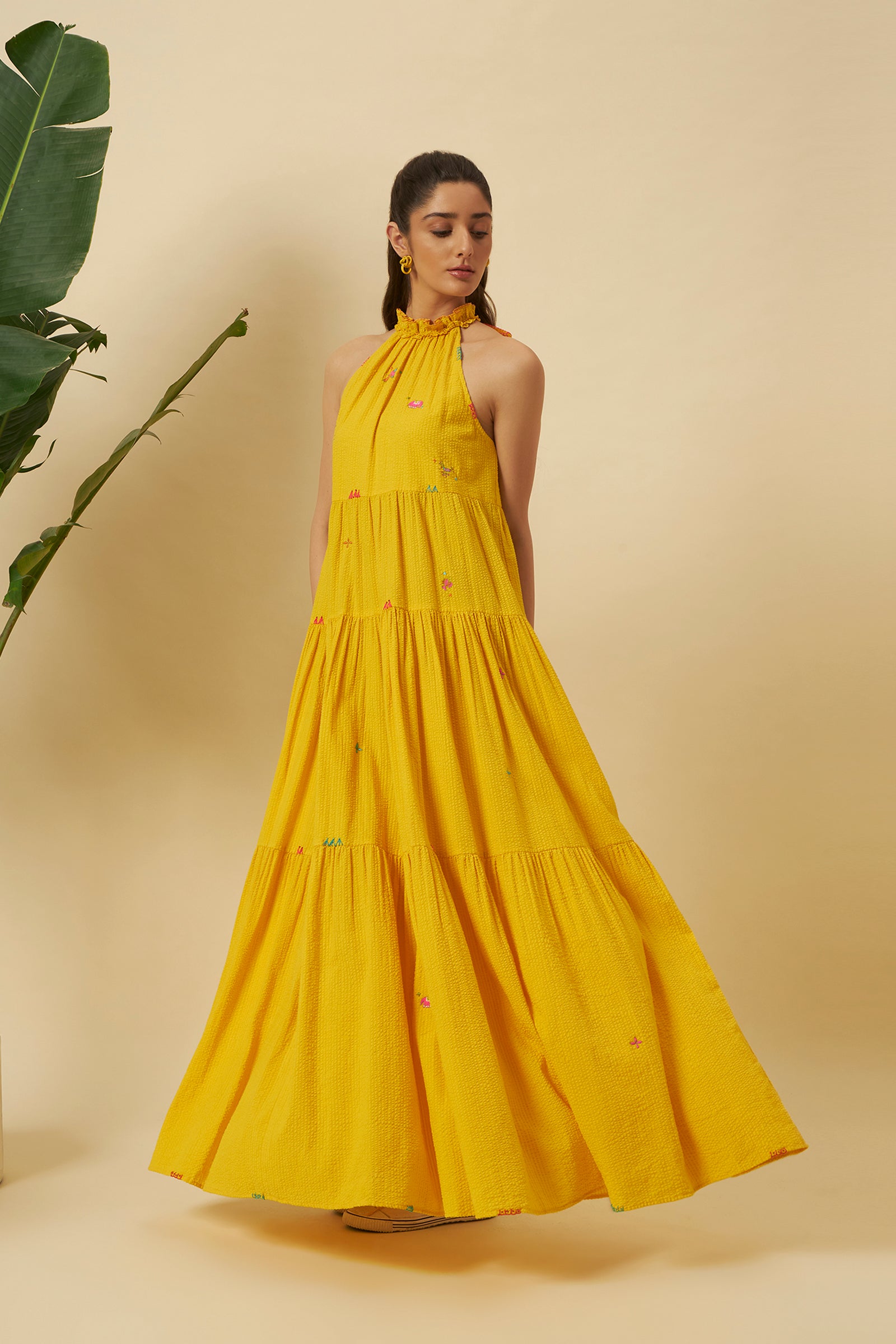 YELLOW SEERSUCKER HALTER TIE UP DRESS