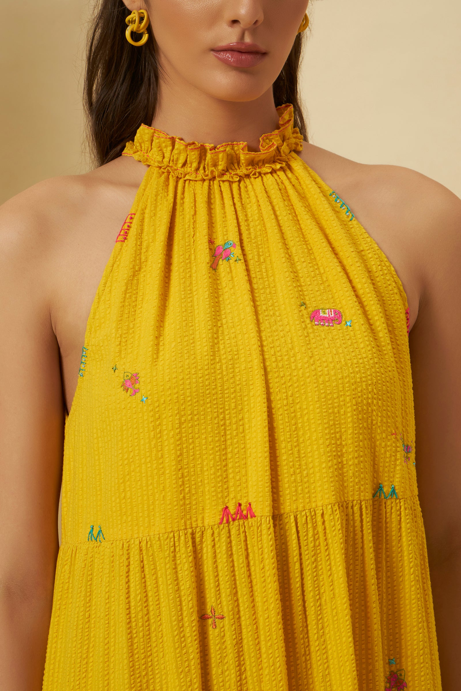 YELLOW SEERSUCKER HALTER TIE UP DRESS