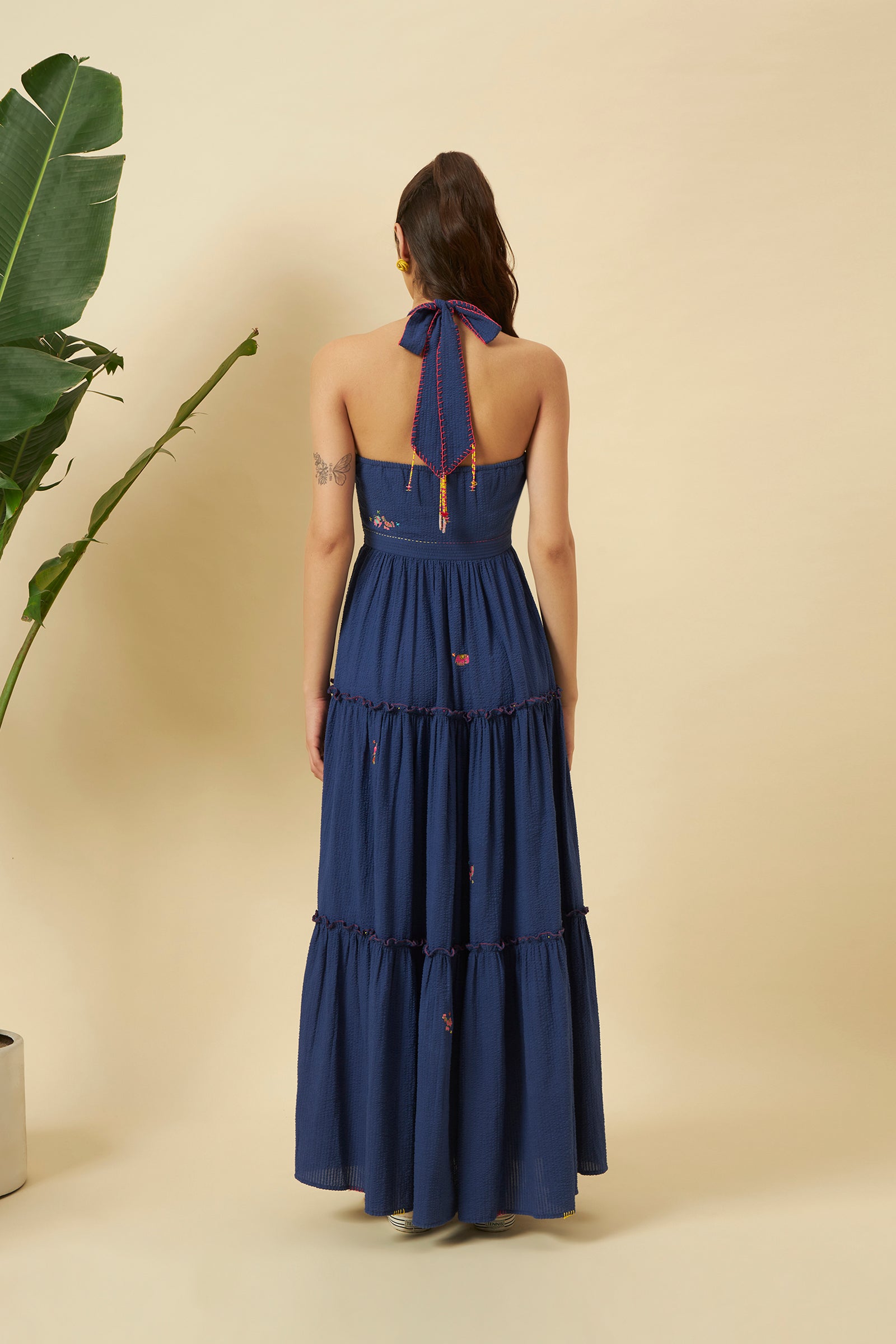 INDIGO SEERSUCKER HALTER TIERED DRESS