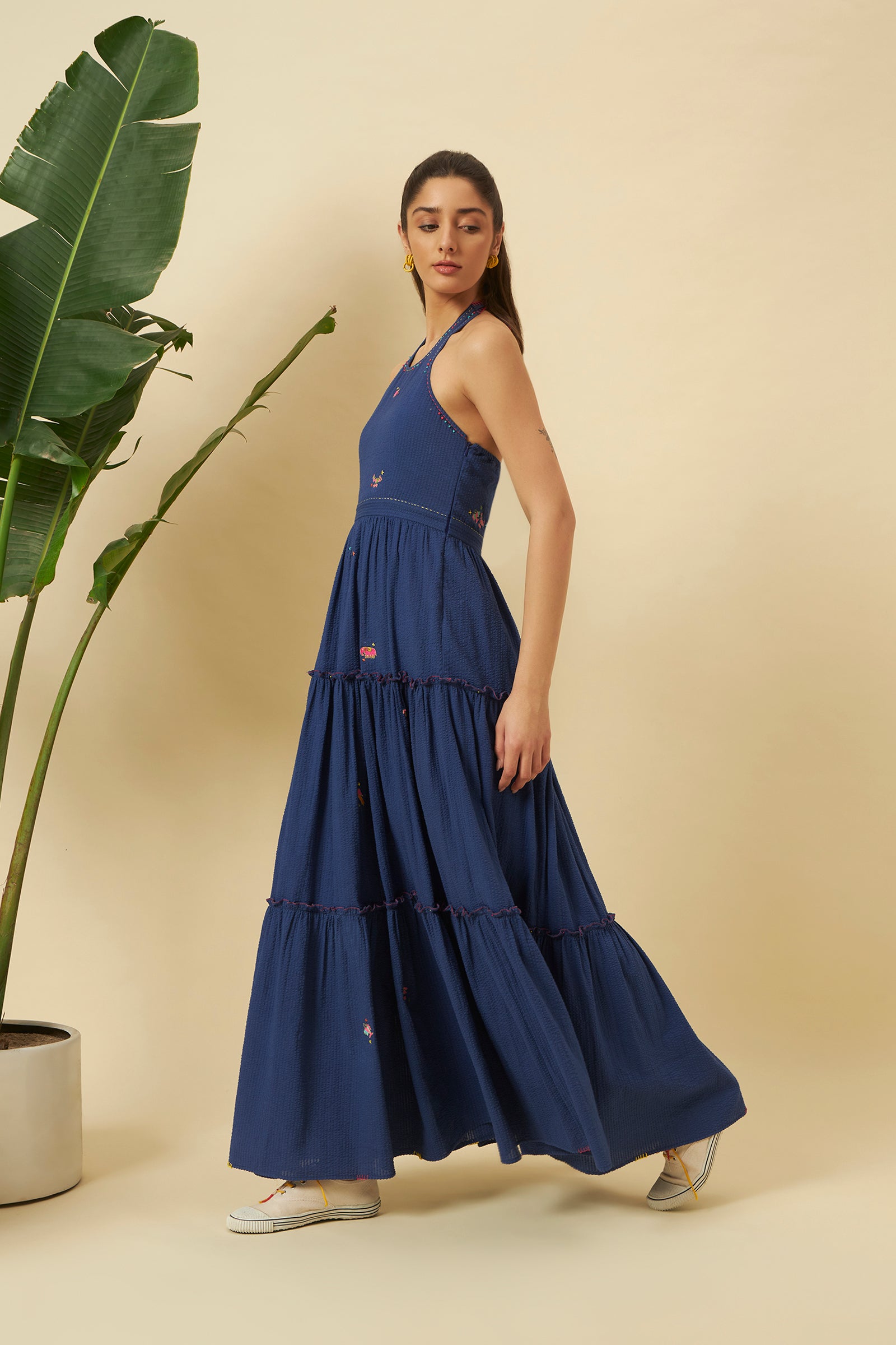 INDIGO SEERSUCKER HALTER TIERED DRESS