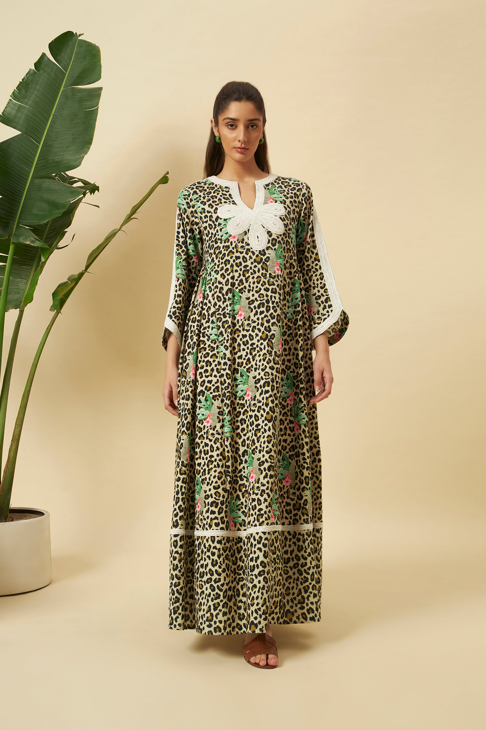 LEOPARD PRINT LACED KAFTAN MAXI DRESS