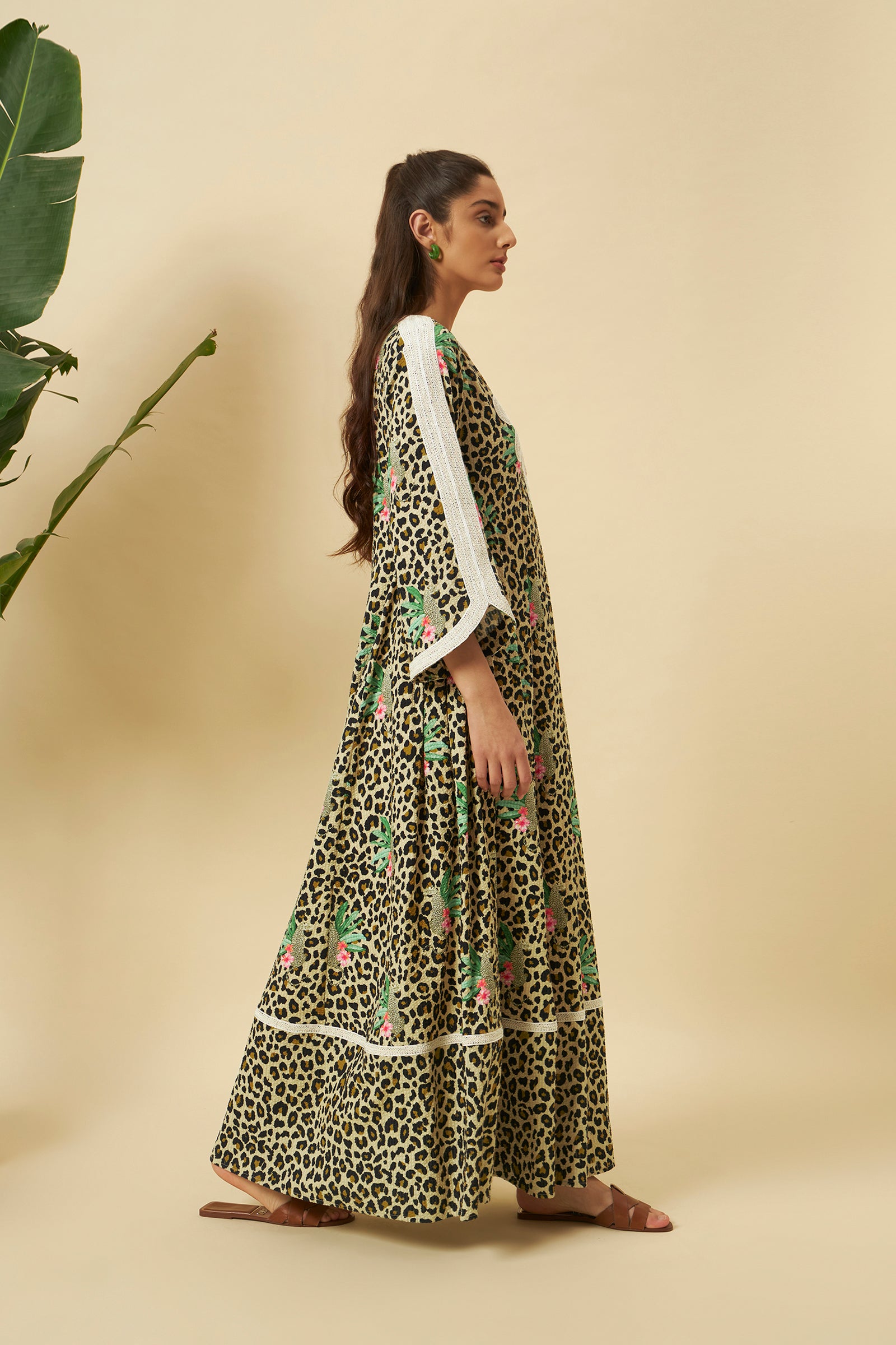 LEOPARD PRINT LACED KAFTAN MAXI DRESS