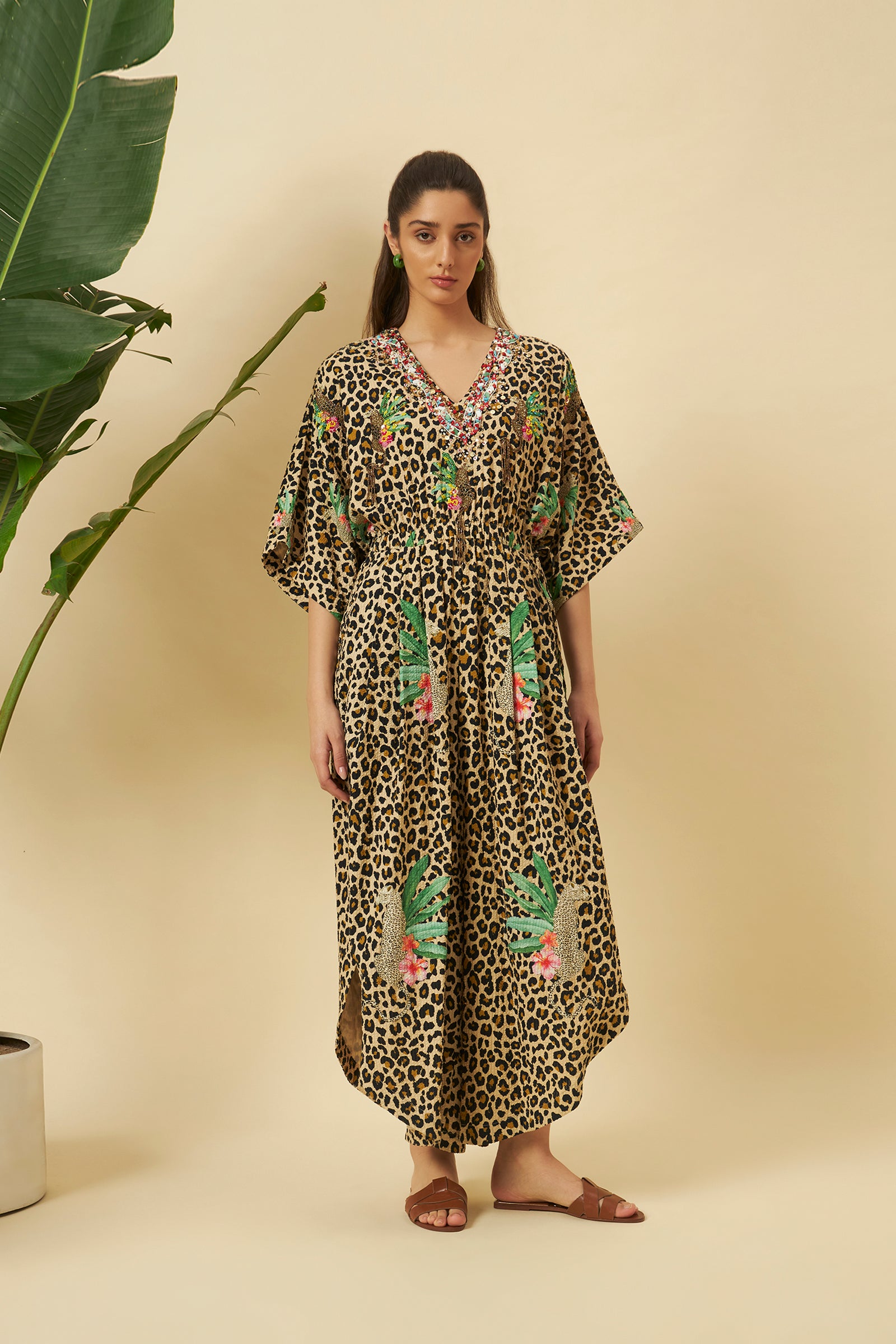 LEOPARD PRINT HAND EMBROIDERED JUMPSUIT