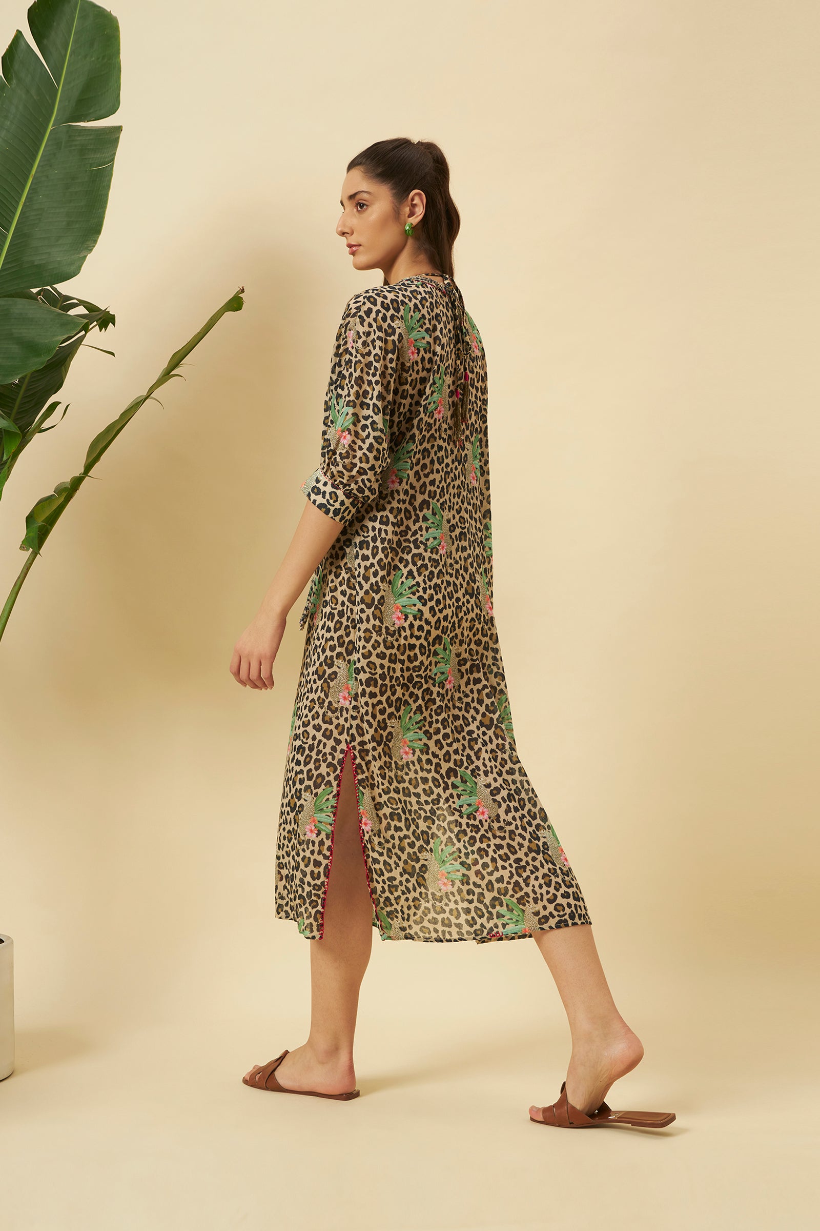LEOPARD PRINT GAUZE BRAIDED KAFTAN