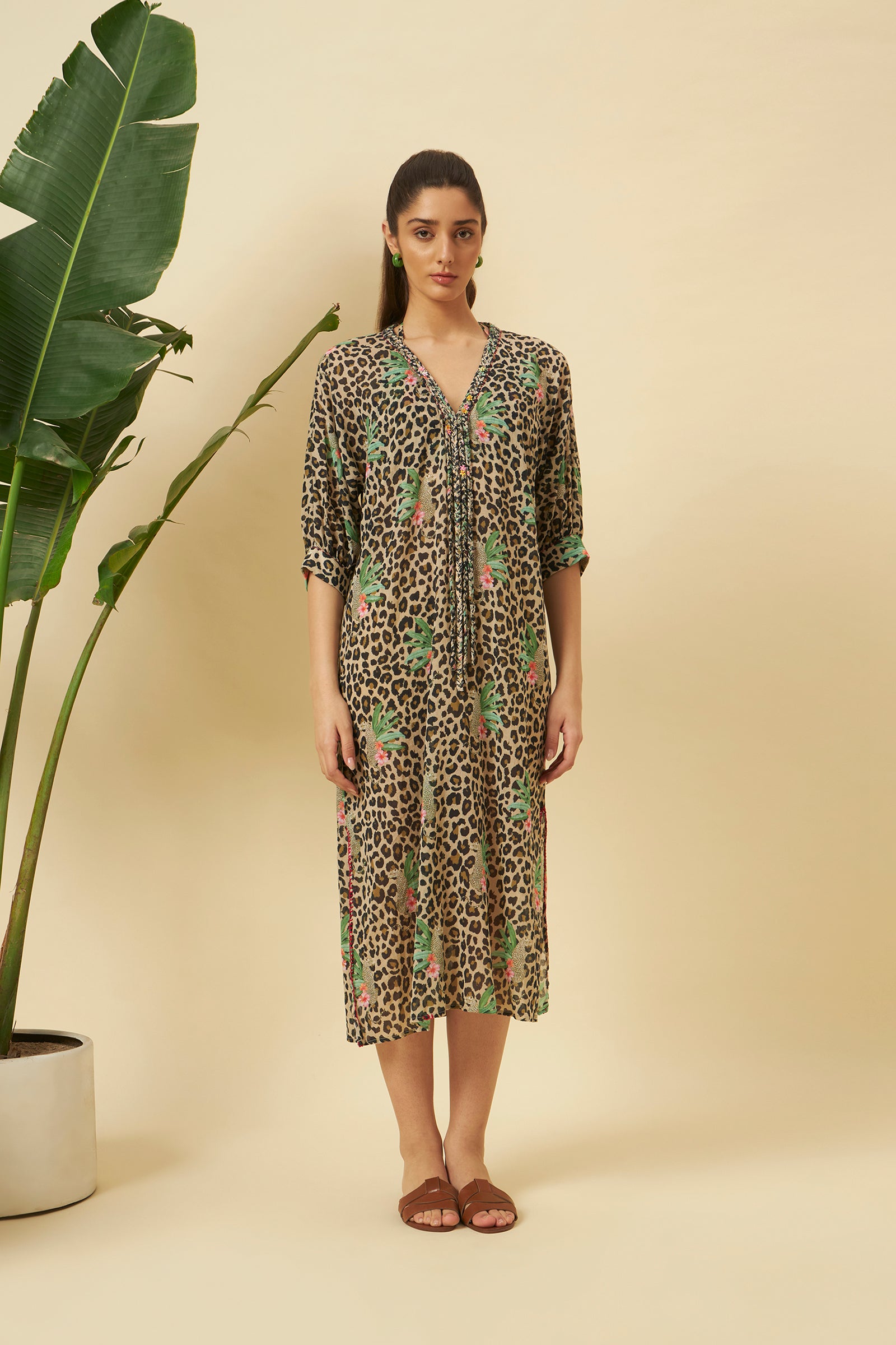 LEOPARD PRINT GAUZE BRAIDED KAFTAN