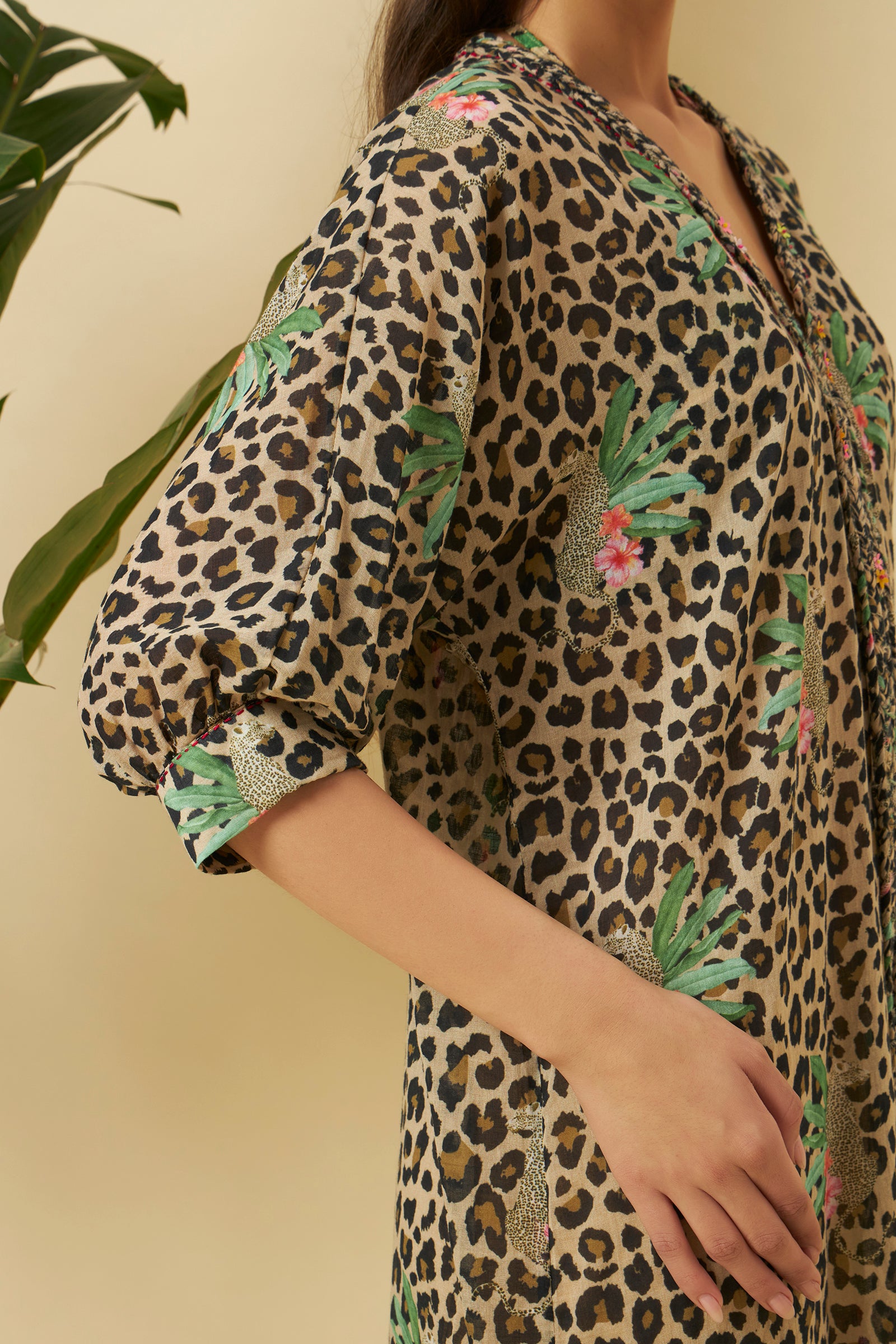 LEOPARD PRINT GAUZE BRAIDED KAFTAN