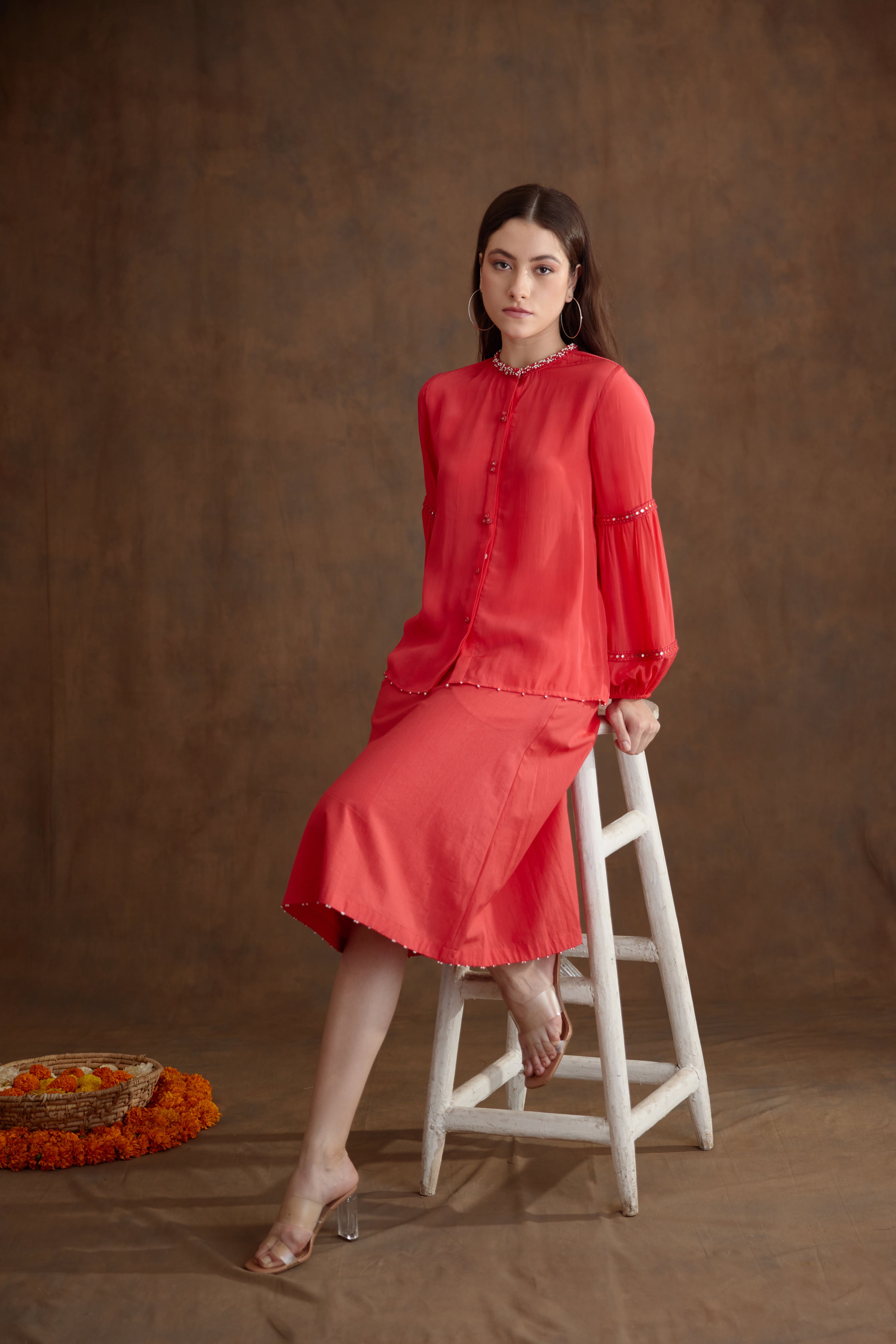Coral hand embroidered co-ord sets