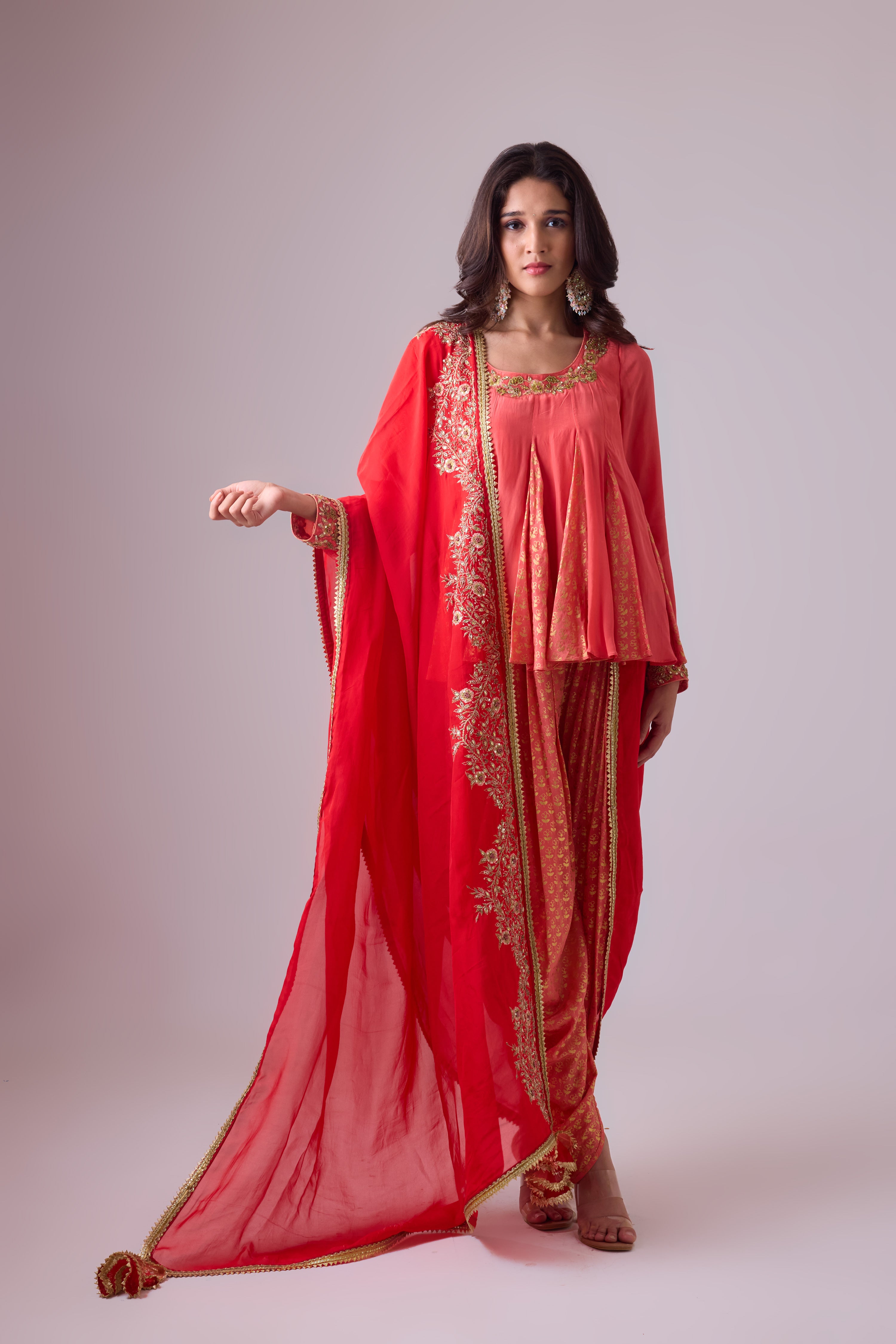 Crepe godet top with   pleated dhoti salwar pant and dupatta