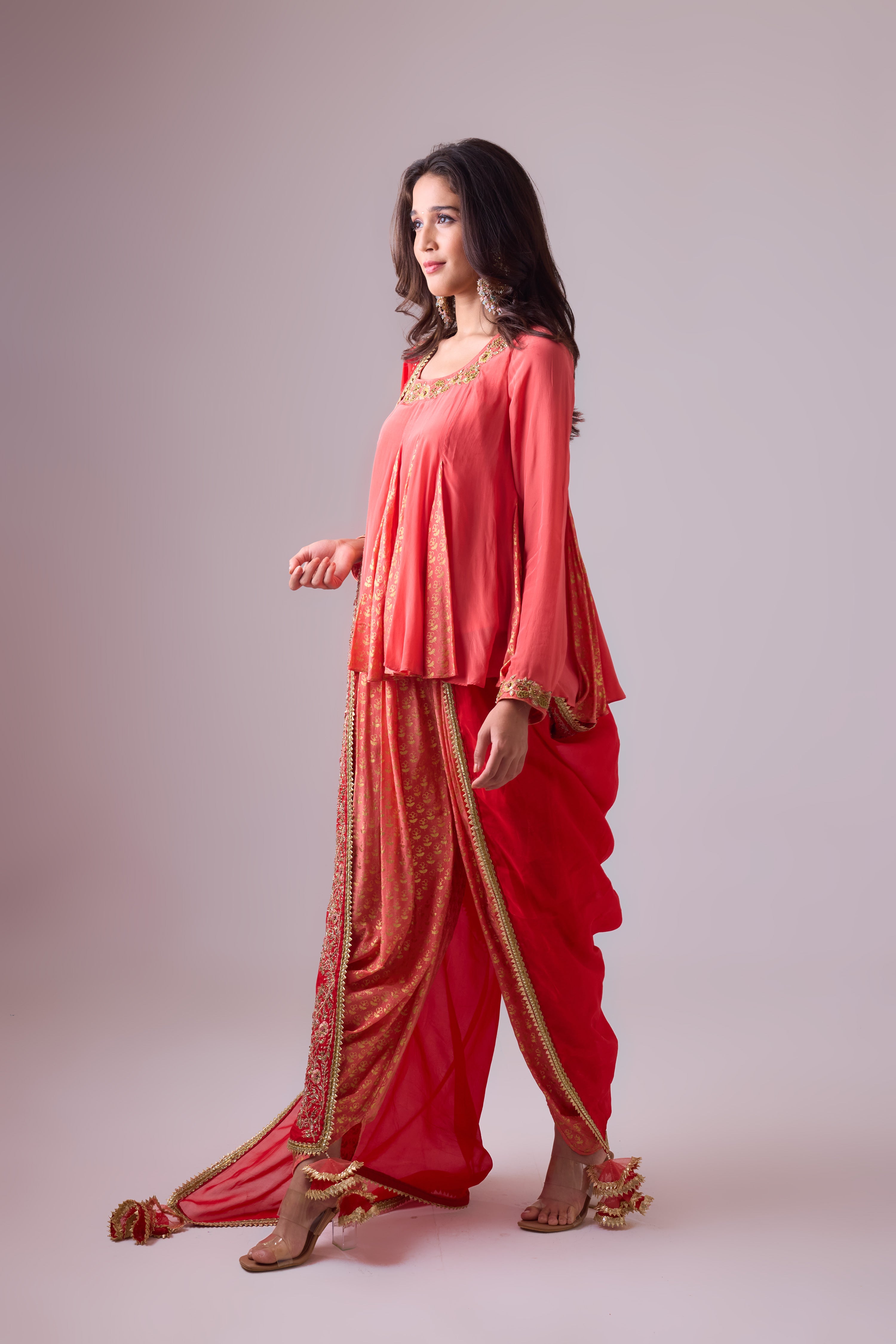Crepe godet top with   pleated dhoti salwar pant and dupatta