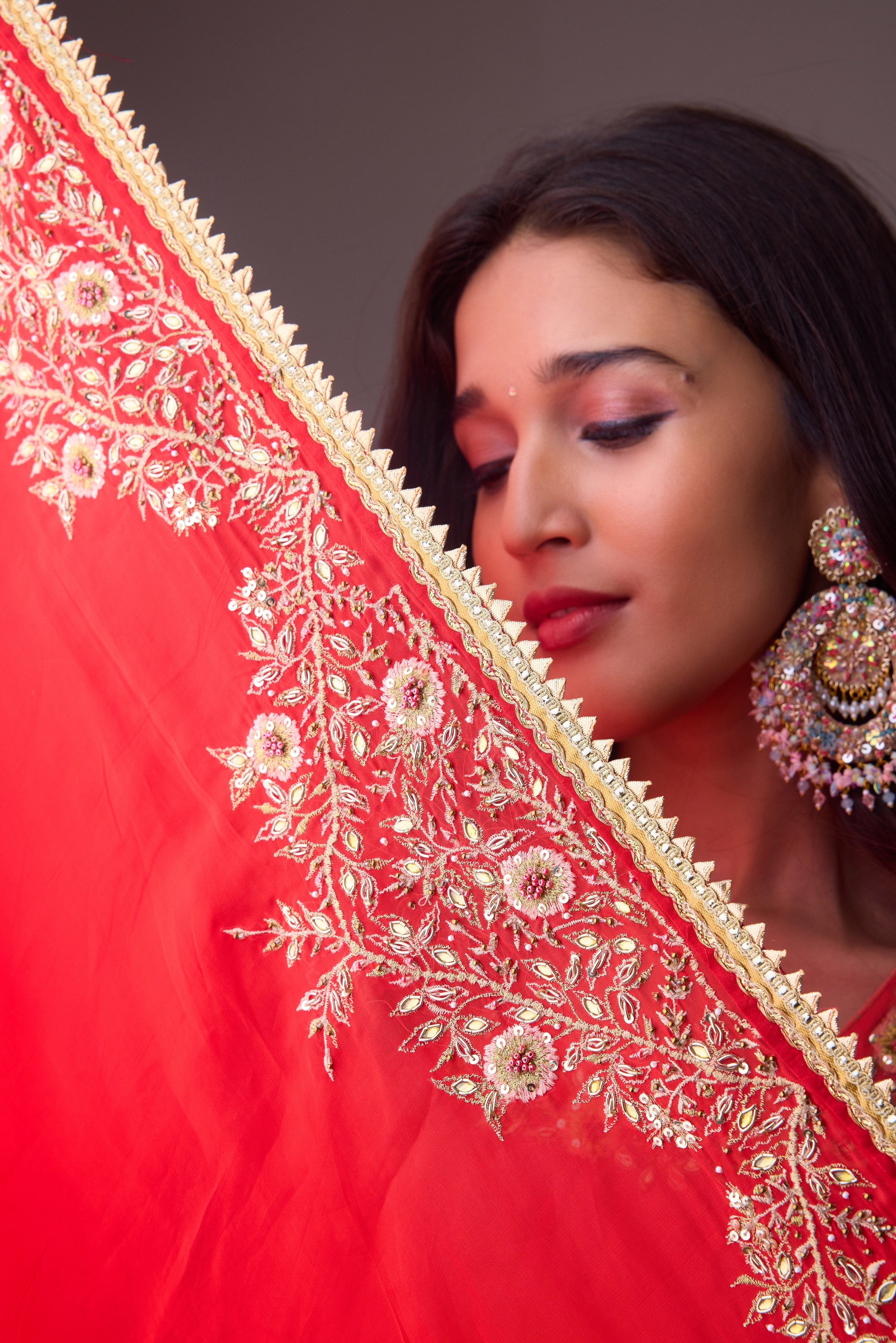 Crepe godet top with   pleated dhoti salwar pant and dupatta