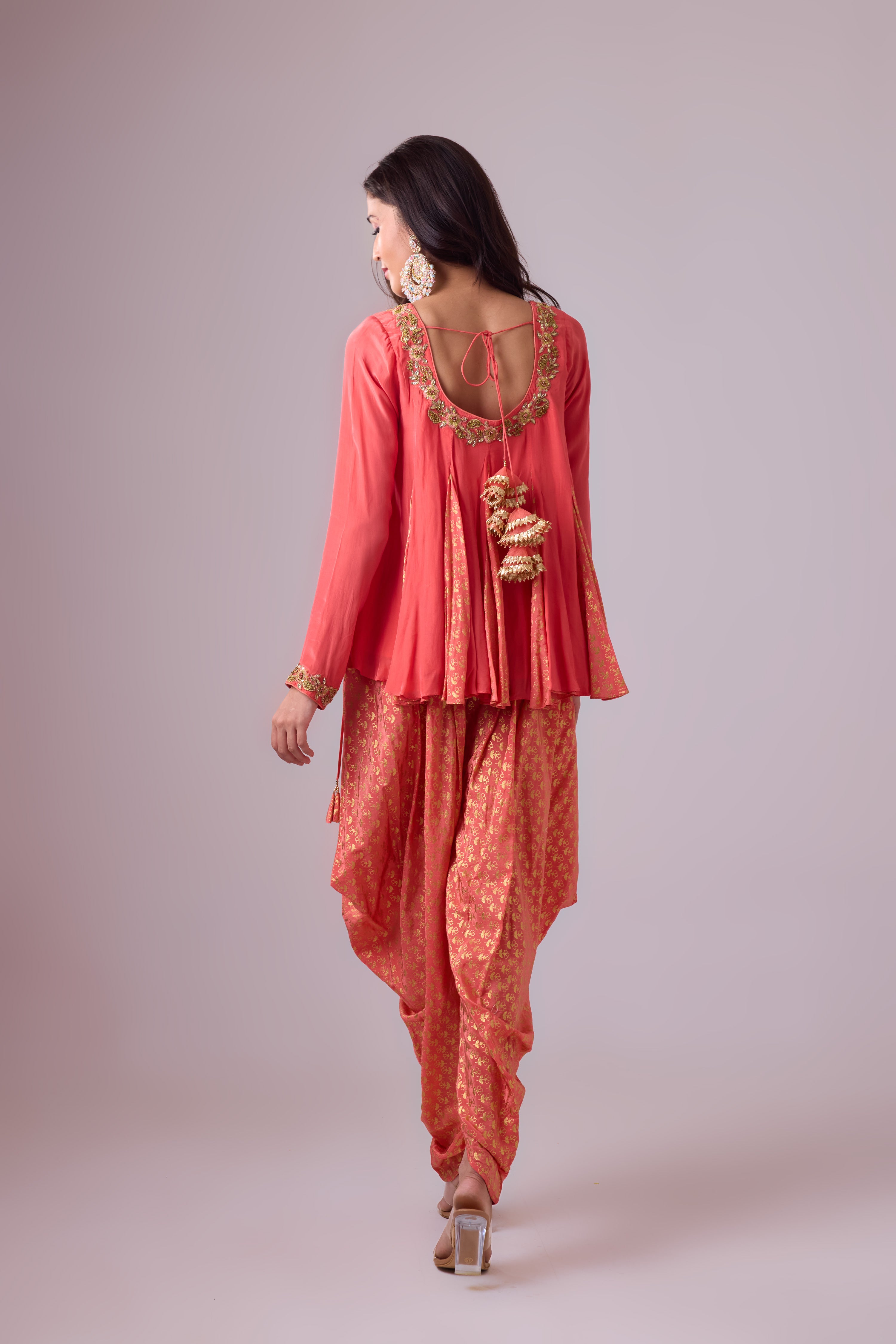 Crepe godet top with   pleated dhoti salwar pant and dupatta