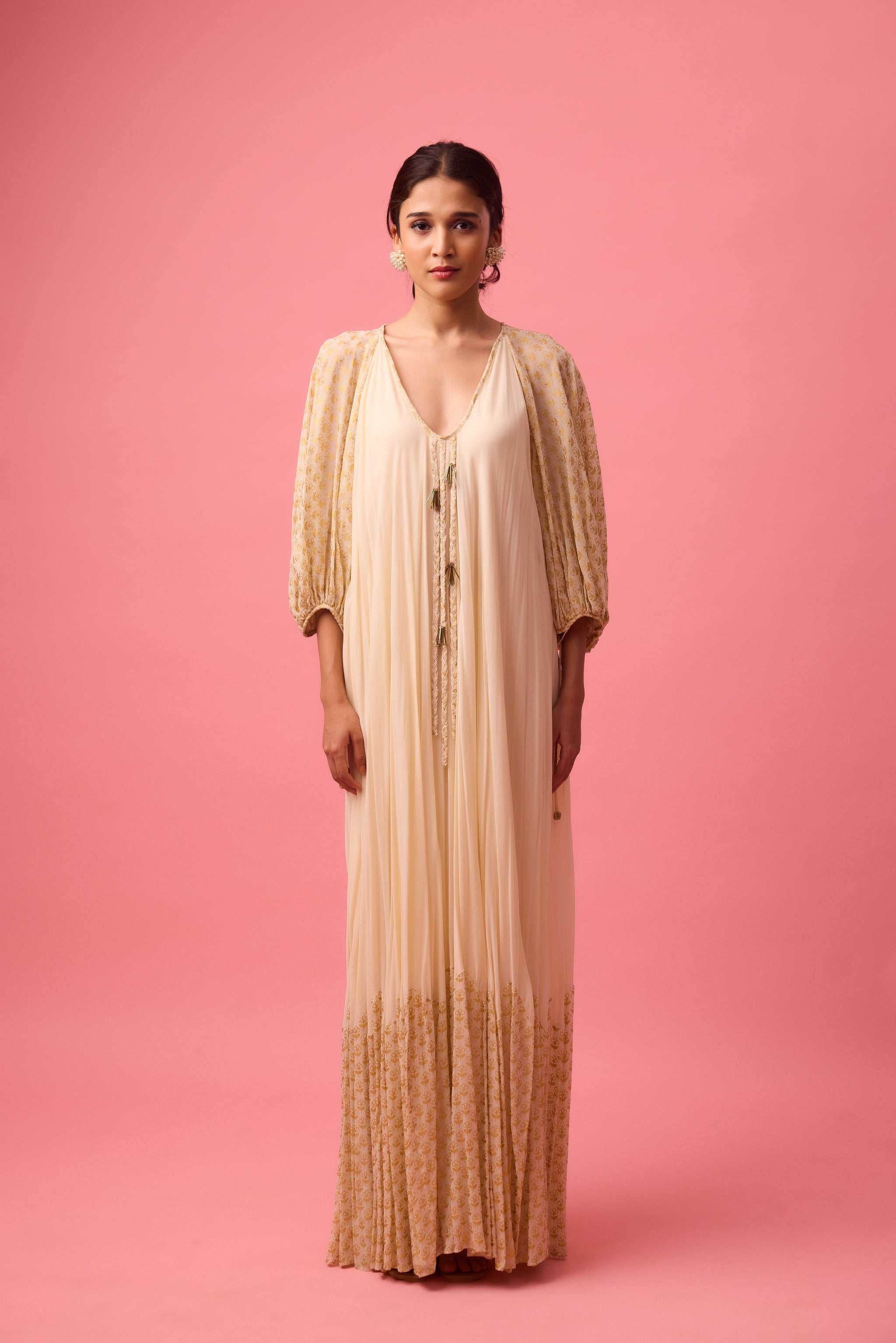 Gold Foil Heavy Georgette OneShoulder Gathered Dress