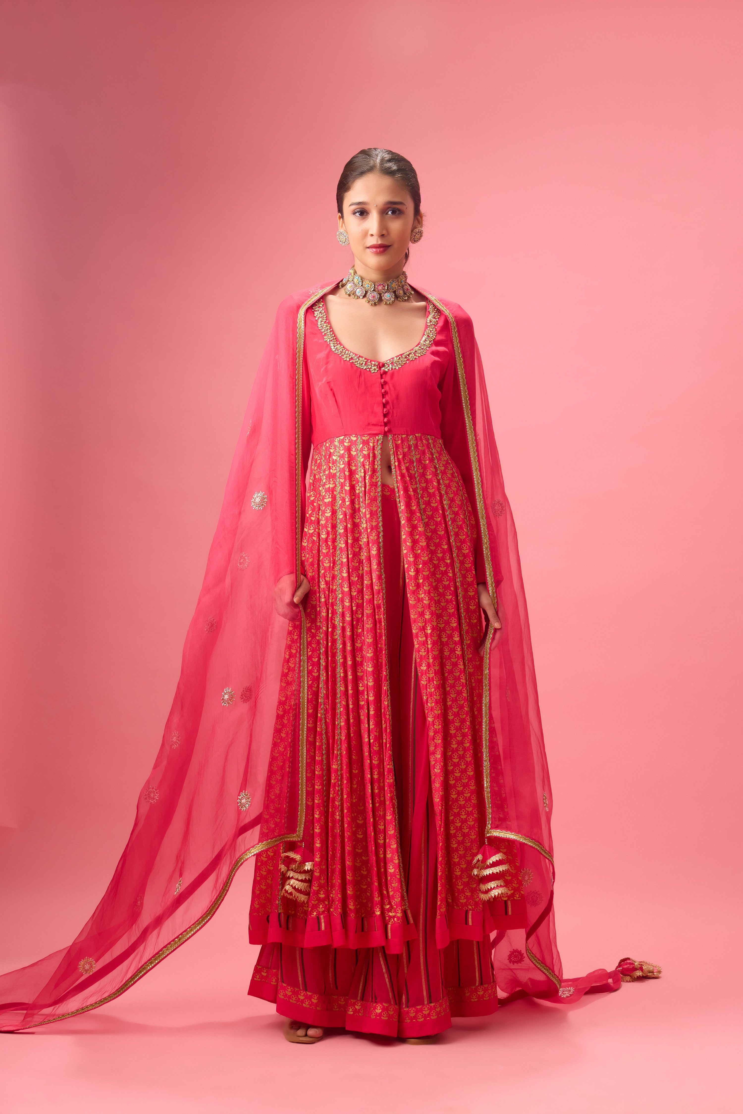 Rani pink multi godet kalidar kurta