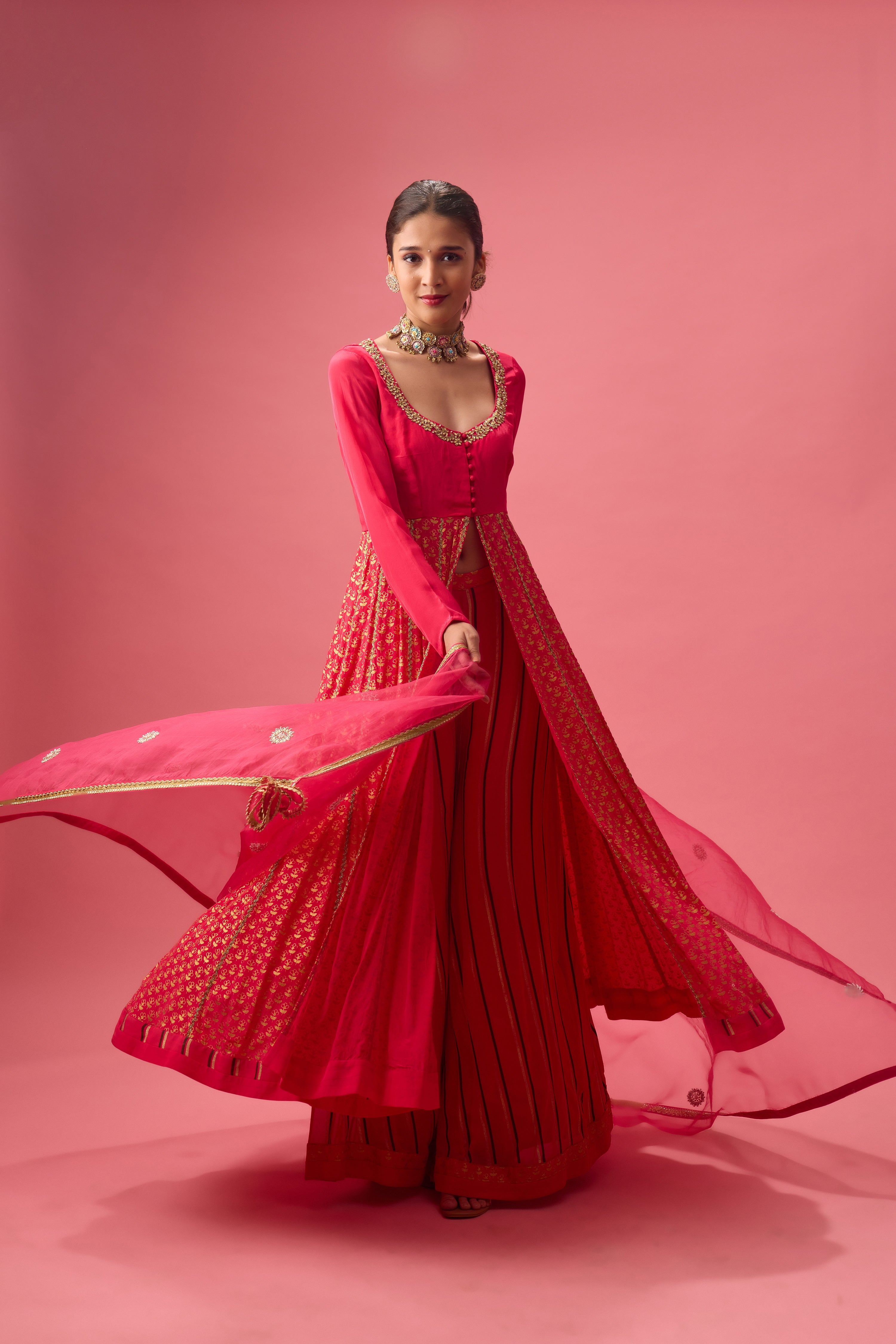 Rani pink multi godet kalidar kurta