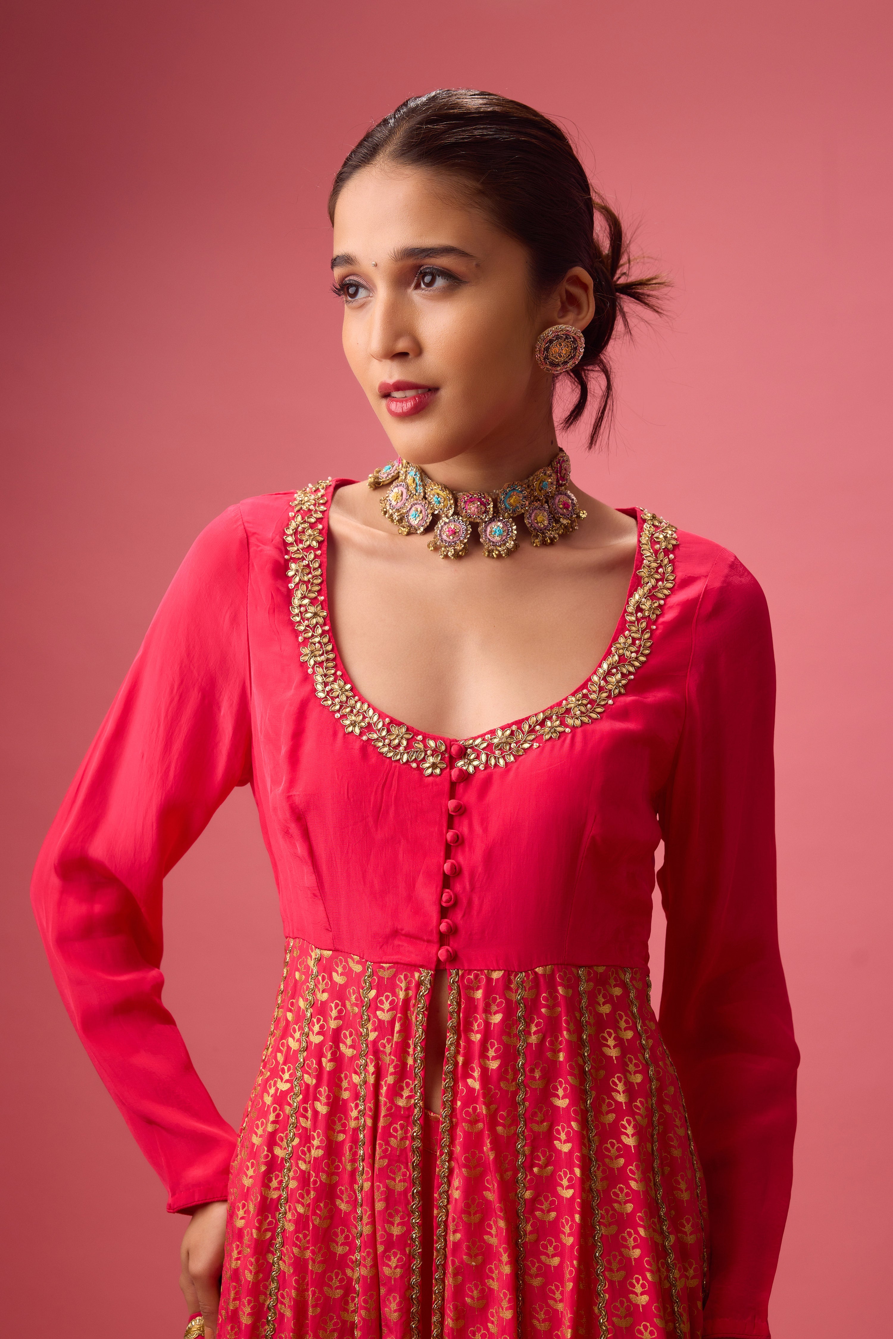 Rani pink multi godet kalidar kurta