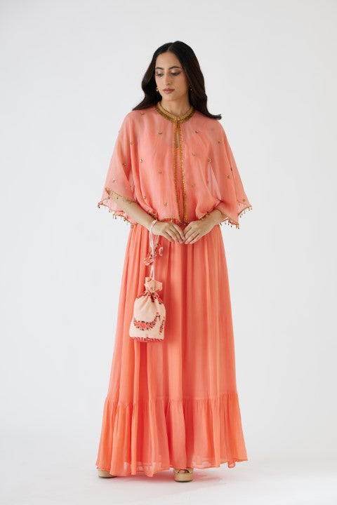 Light Peach Dress and Embroidered Cape