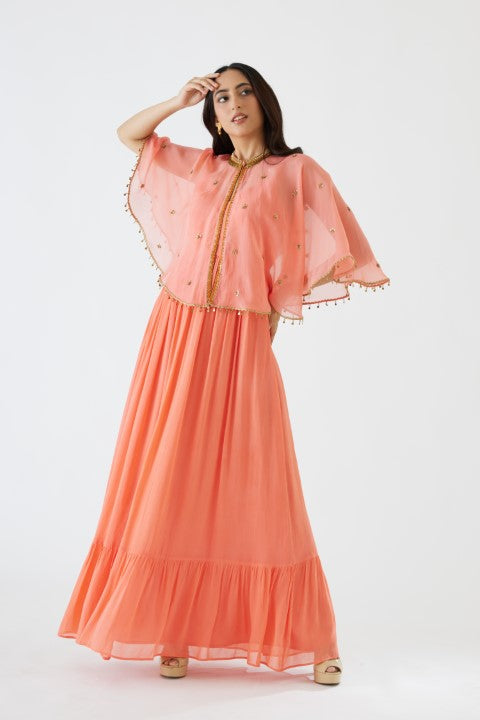 Light Peach Dress and Embroidered Cape