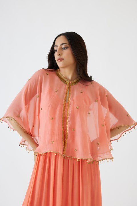 Light Peach Dress and Embroidered Cape