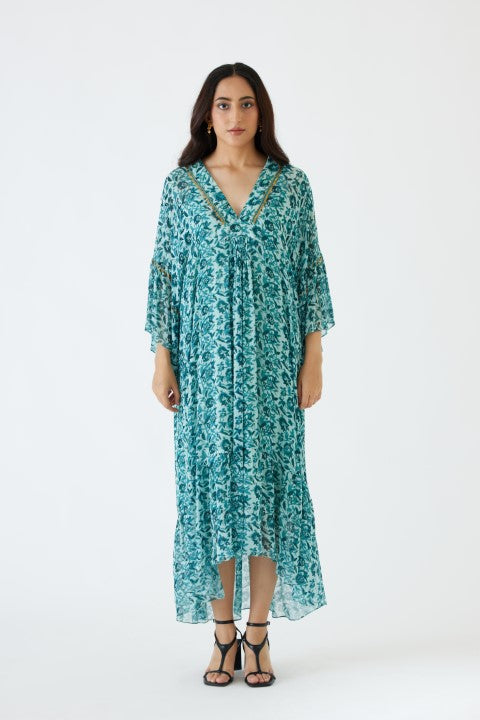 Sea Blue and Turquiose Floral Print Dress