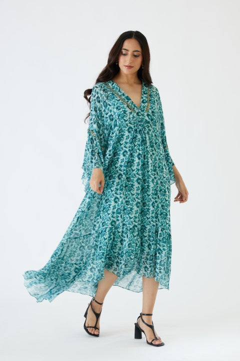 Sea Blue and Turquiose Floral Print Dress