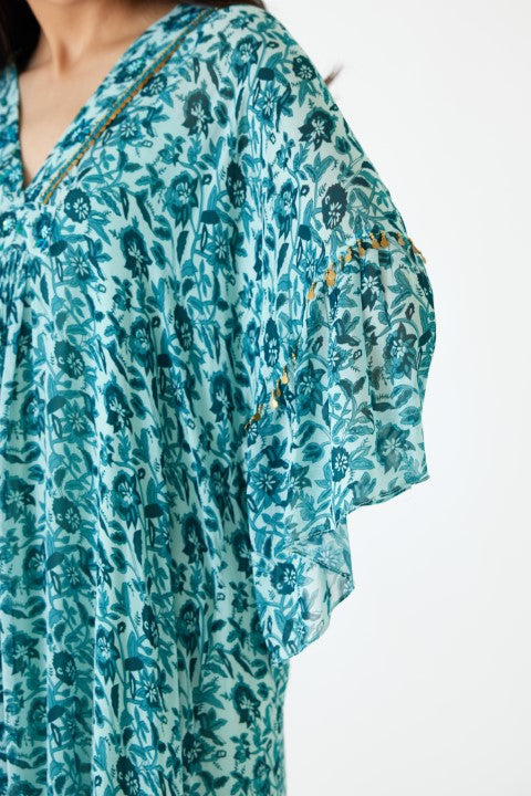 Sea Blue and Turquiose Floral Print Dress