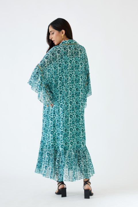 Sea Blue and Turquiose Floral Print Dress