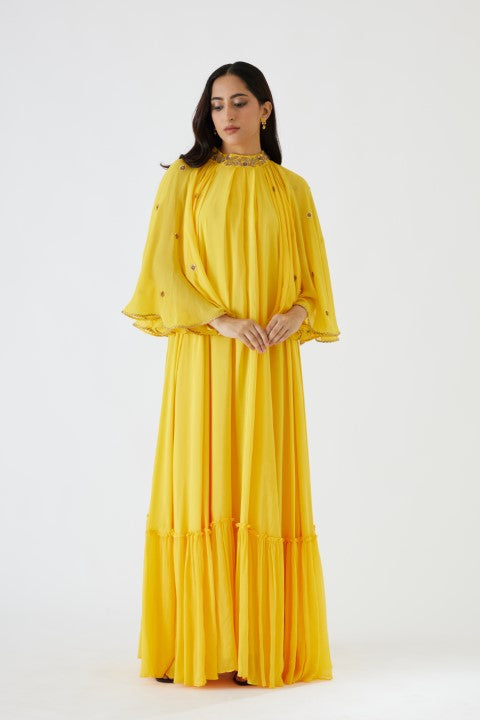 Yellow Embroidered Cape Dress
