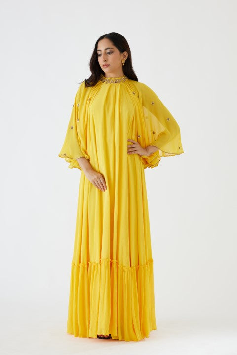 Yellow Embroidered Cape Dress