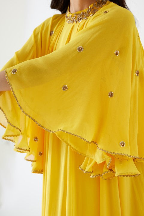 Yellow Embroidered Cape Dress