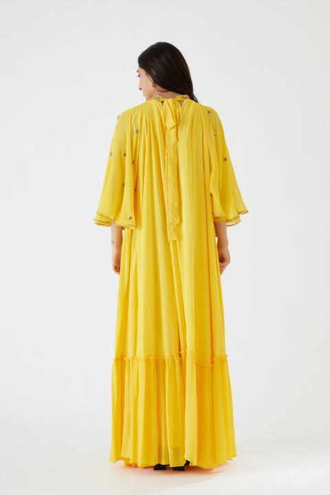 Yellow Embroidered Cape Dress