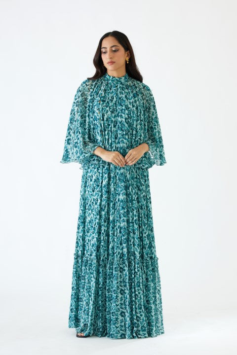 Sea Blue And Turquiose Floral Printed Cape Dress Set