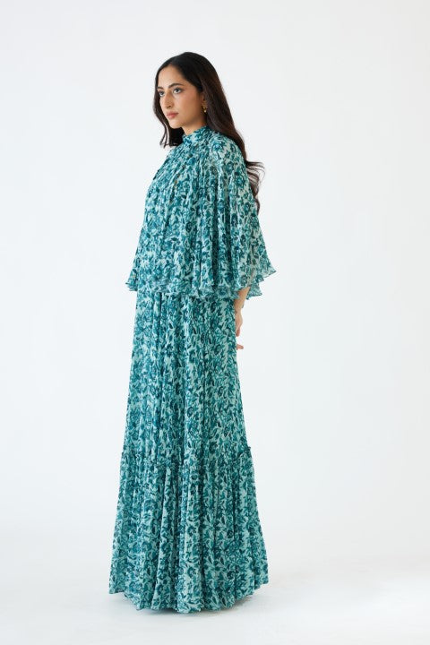 Sea Blue And Turquiose Floral Printed Cape Dress Set