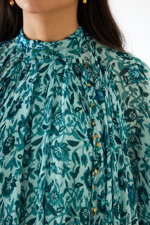Sea Blue And Turquiose Floral Printed Cape Dress Set