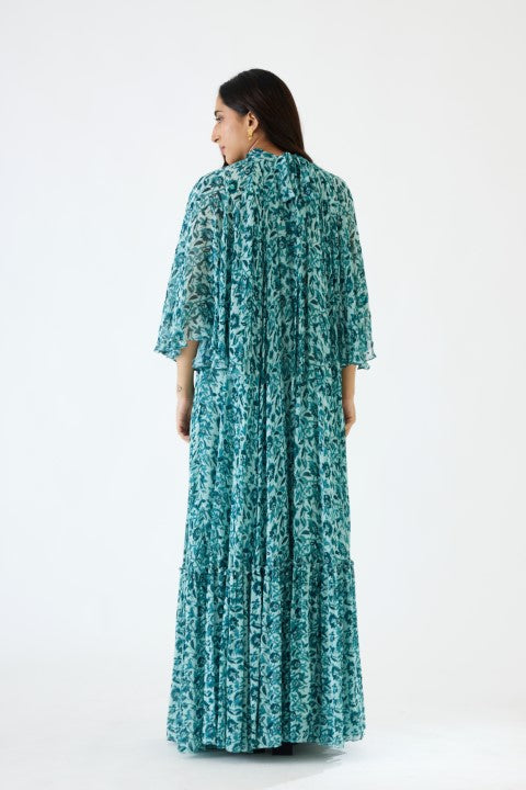 Sea Blue And Turquiose Floral Printed Cape Dress Set