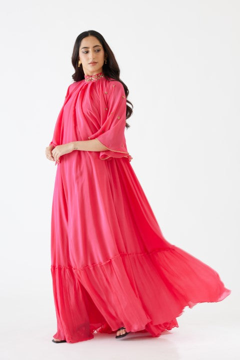 Rani Pink Embroidered Cape Dress
