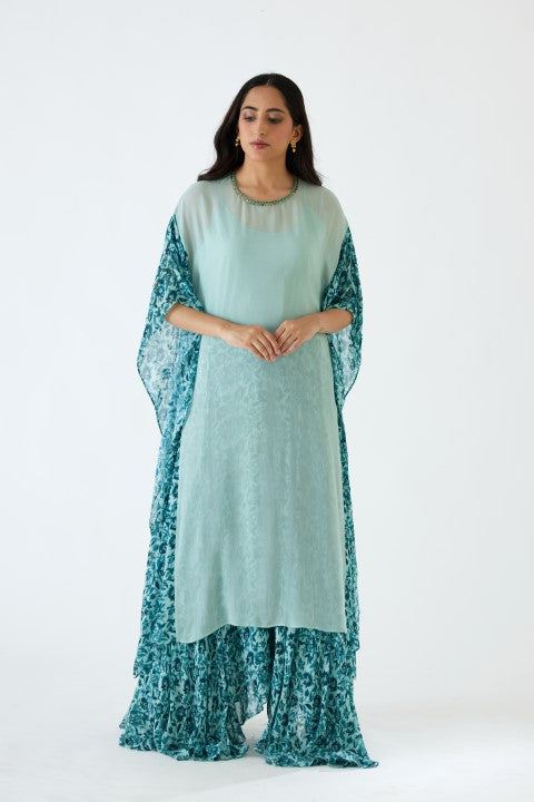 Sea Blue and Turqoise Printed Asymmetric Tunic and Skirt Set