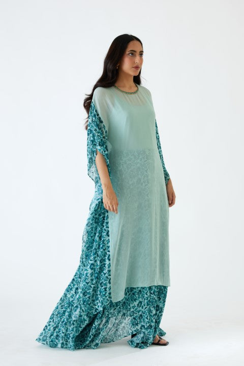 Sea Blue and Turqoise Printed Asymmetric Tunic and Skirt Set