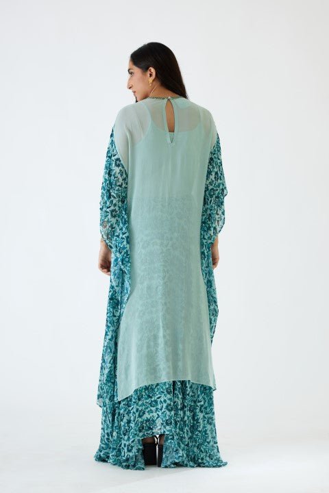 Sea Blue and Turqoise Printed Asymmetric Tunic and Skirt Set