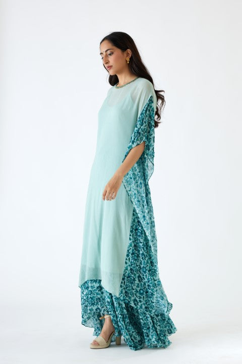 Sea Blue and Turqoise Printed Asymmetric Tunic and Skirt Set