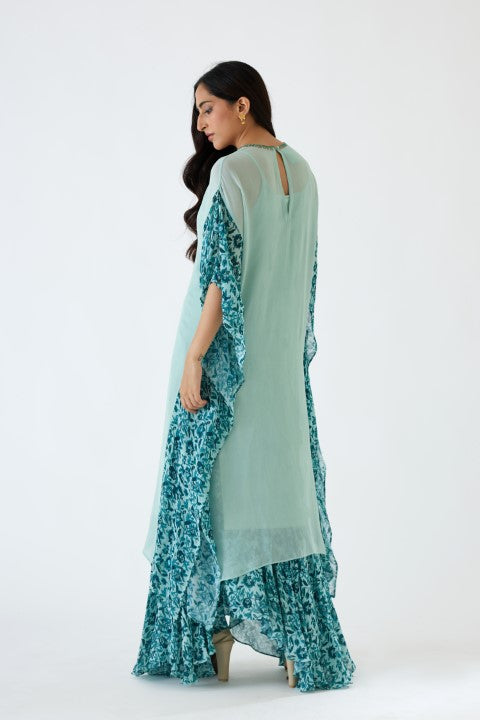 Sea Blue and Turqoise Printed Asymmetric Tunic and Skirt Set