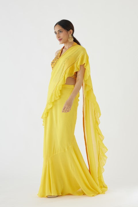 Yellow Ruffle Saree Set