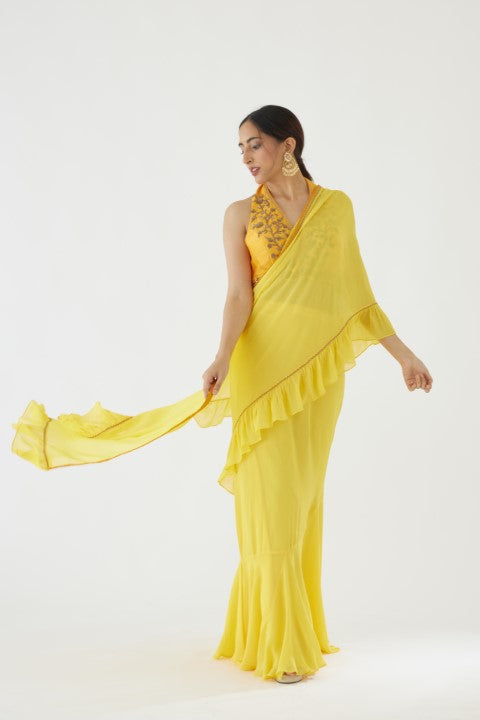 Yellow Ruffle Saree Set
