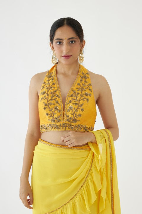 Yellow Ruffle Saree Set