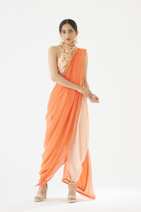 Peach and Orange Dhoti Saree Set